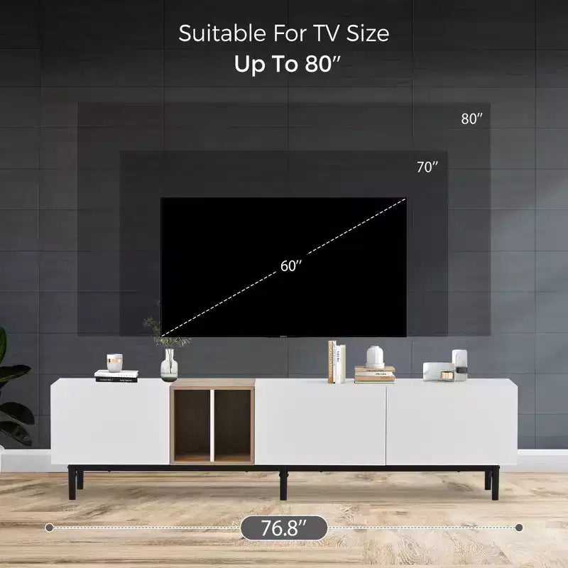 Meuble TV moderne JVNOXK 77 pouces, convient aux téléviseurs de 80 pouces, avec 3 portes de placard, console multimédia avec grand espace de rangement, idéal pour les salons