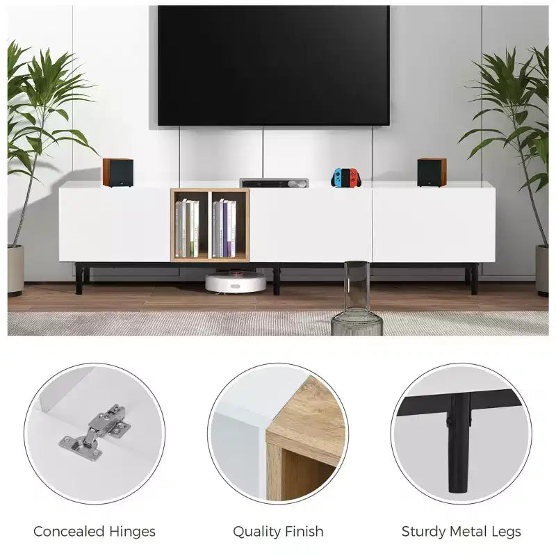 Meuble TV moderne JVNOXK 77 pouces, convient aux téléviseurs de 80 pouces, avec 3 portes de placard, console multimédia avec grand espace de rangement, idéal pour les salons
