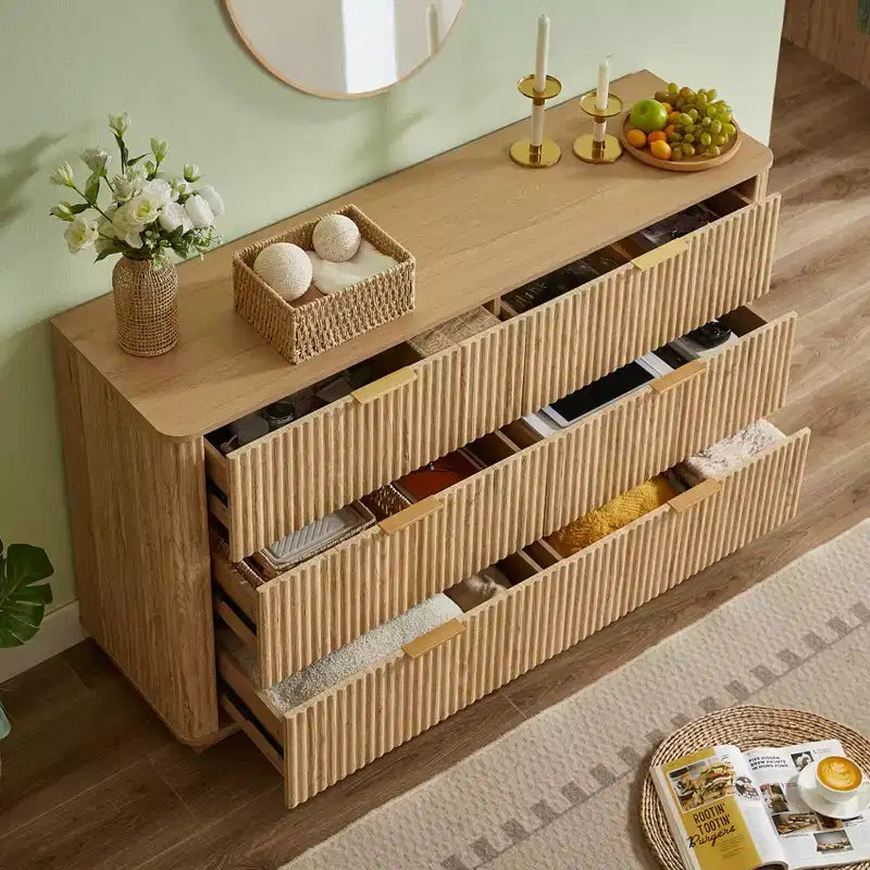 JVNOXK Commode à 6 tiroirs, commode moderne de 140 cm de large, design incurvé en vague, meuble TV et meuble multimédia, Noyer