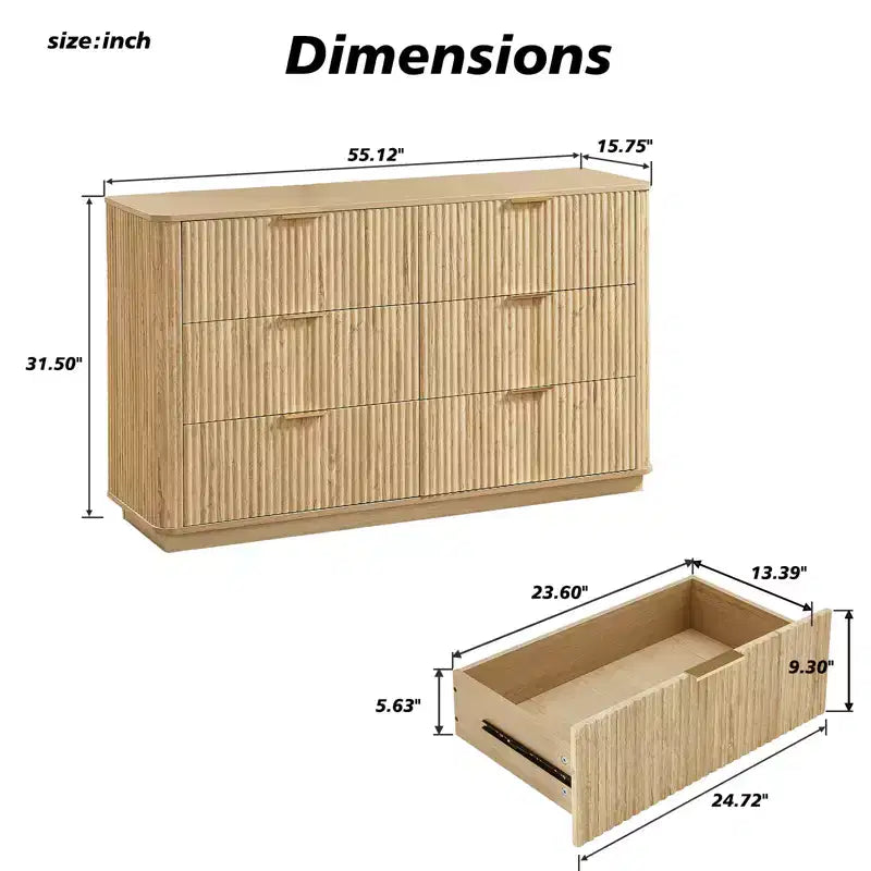 JVNOXK Commode à 6 tiroirs, commode moderne de 140 cm de large, design incurvé en vague, meuble TV et meuble multimédia, Noyer