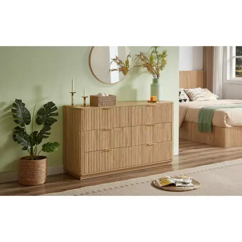 JVNOXK Commode à 6 tiroirs, commode moderne de 140 cm de large, design incurvé en vague, meuble TV et meuble multimédia, Noyer