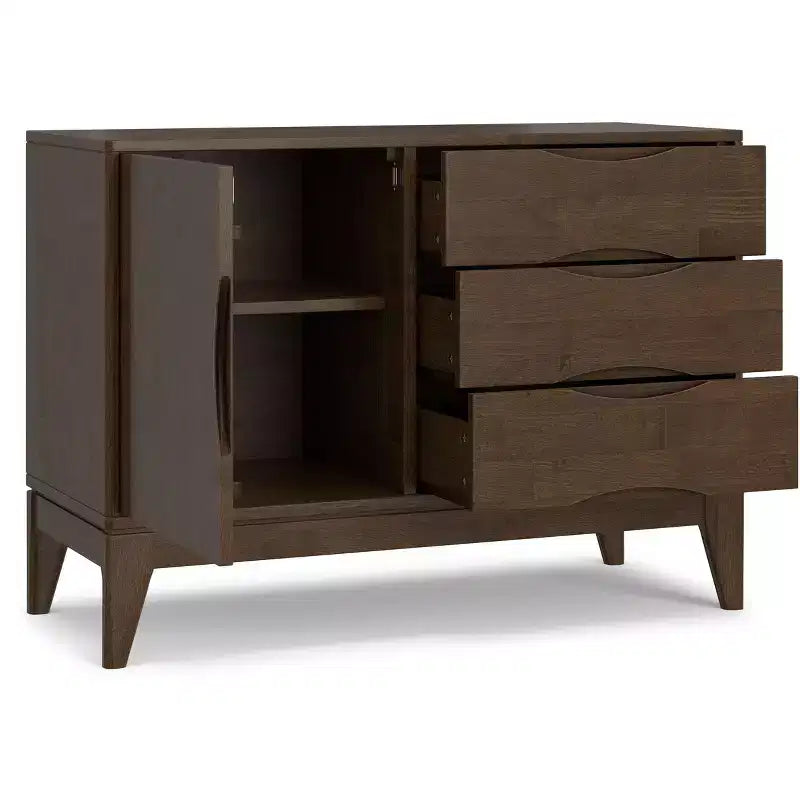 Buffet Pearson en bois massif de 42 po de large avec 3 tiroirs, style moderne du milieu du siècle, couleur noyer brun