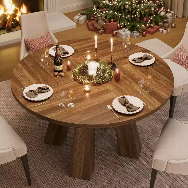 Table à manger ronde Acekool pour 4, table de cuisine de style ferme avec base robuste pour salle à manger ou cuisine (table seule)
