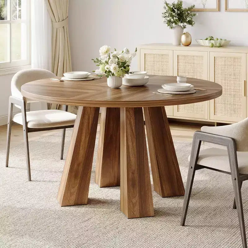 Table à manger ronde Acekool pour 4, table de cuisine de style ferme avec base robuste pour salle à manger ou cuisine (table seule)