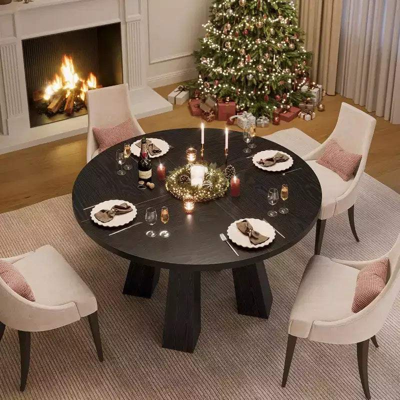 Table à manger ronde Acekool pour 4, table de cuisine de style ferme avec base robuste pour salle à manger ou cuisine (table seule)