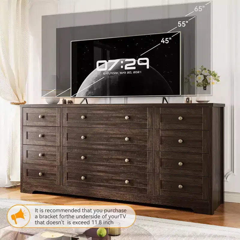 Commode à 12 tiroirs COZONY, Commode en bois de 160 cm de large, Meuble TV moderne pour TV de 65 pouces, Pour chambre à coucher, salon, entrée