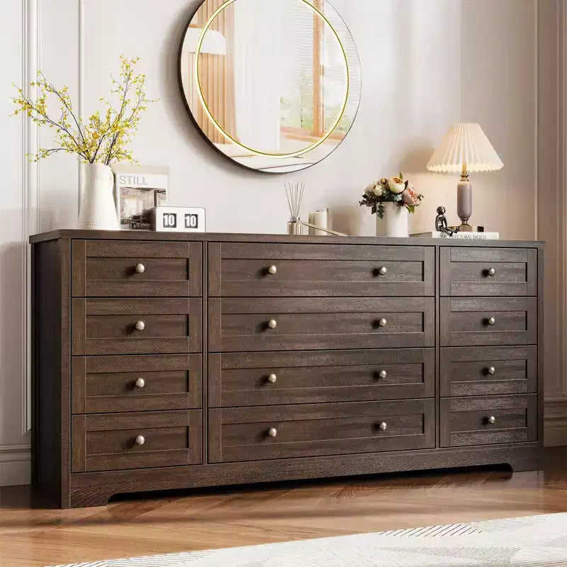 Commode à 12 tiroirs COZONY, Commode en bois de 160 cm de large, Meuble TV moderne pour TV de 65 pouces, Pour chambre à coucher, salon, entrée