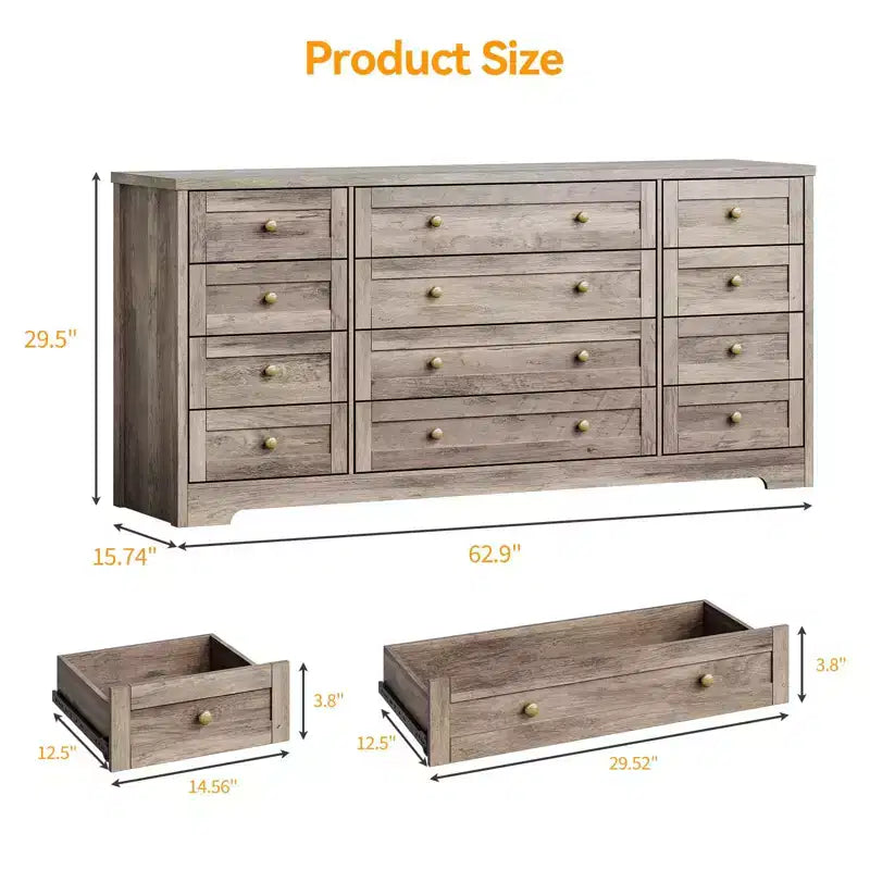Commode à 12 tiroirs COZONY, Commode en bois de 160 cm de large, Meuble TV moderne pour TV de 65 pouces, Pour chambre à coucher, salon, entrée