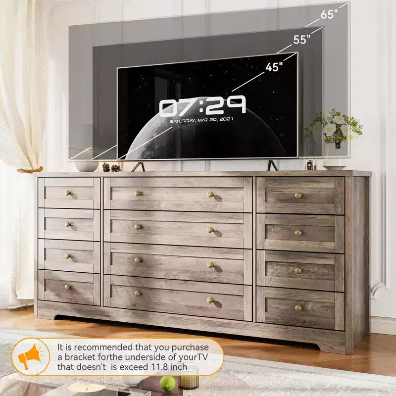 Commode à 12 tiroirs COZONY, Commode en bois de 160 cm de large, Meuble TV moderne pour TV de 65 pouces, Pour chambre à coucher, salon, entrée
