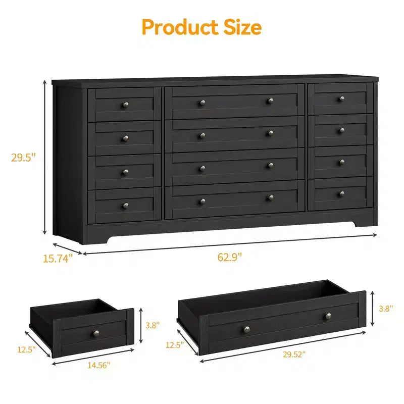 Commode à 12 tiroirs COZONY, Commode en bois de 160 cm de large, Meuble TV moderne pour TV de 65 pouces, Pour chambre à coucher, salon, entrée