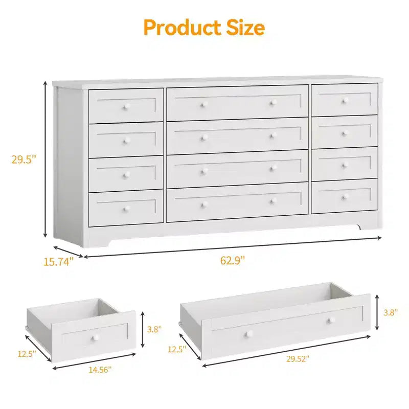 Commode à 12 tiroirs COZONY, Commode en bois de 160 cm de large, Meuble TV moderne pour TV de 65 pouces, Pour chambre à coucher, salon, entrée