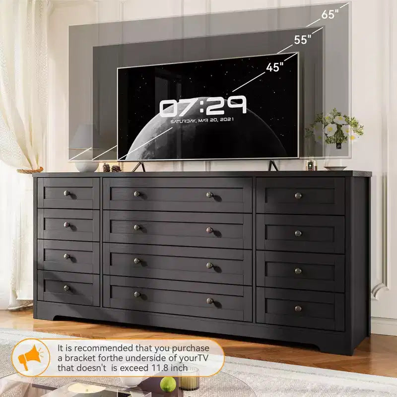 Commode à 12 tiroirs COZONY, Commode en bois de 160 cm de large, Meuble TV moderne pour TV de 65 pouces, Pour chambre à coucher, salon, entrée