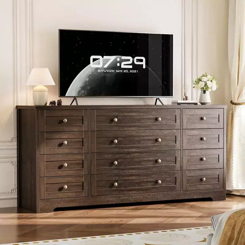 Commode à 12 tiroirs COZONY, Commode en bois de 160 cm de large, Meuble TV moderne pour TV de 65 pouces, Pour chambre à coucher, salon, entrée
