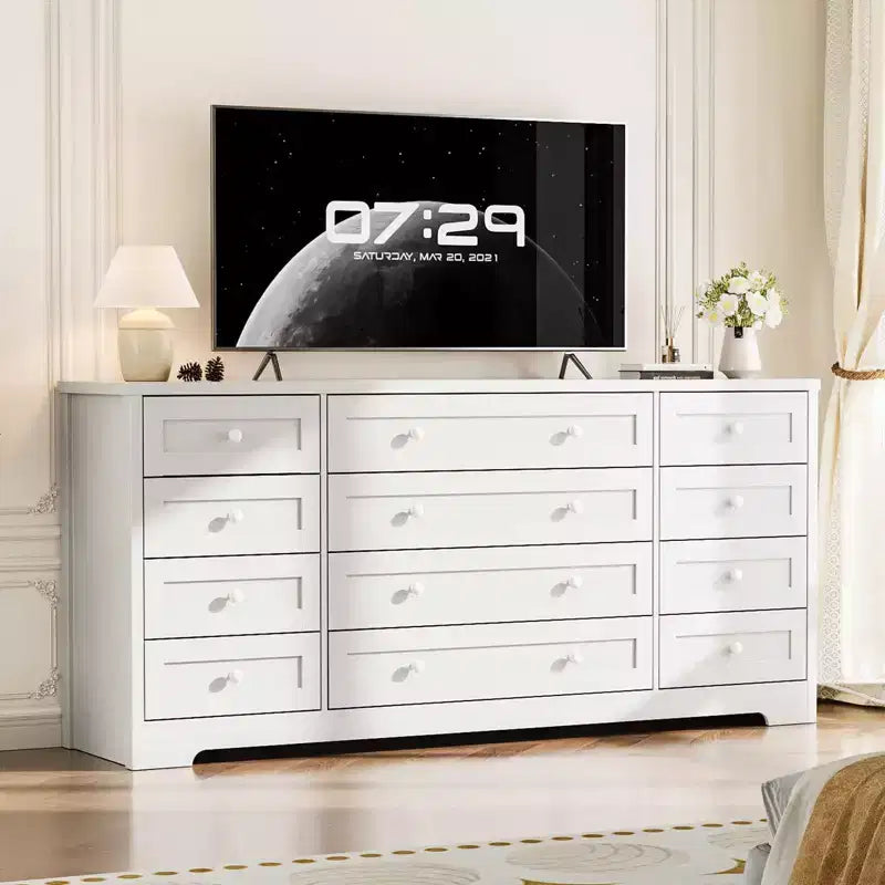 Commode à 12 tiroirs COZONY, Commode en bois de 160 cm de large, Meuble TV moderne pour TV de 65 pouces, Pour chambre à coucher, salon, entrée