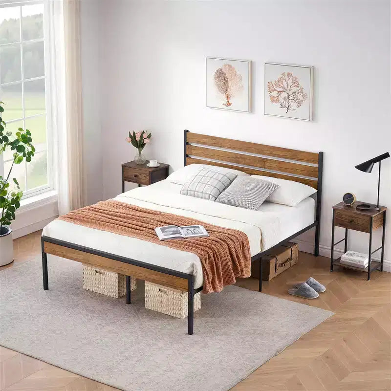 Rustic Farmhouse Platform Bed Frame  Wood Headboard & Footboard, Metal-Wood Slats, Underbed Storage, No Box Spring Needed