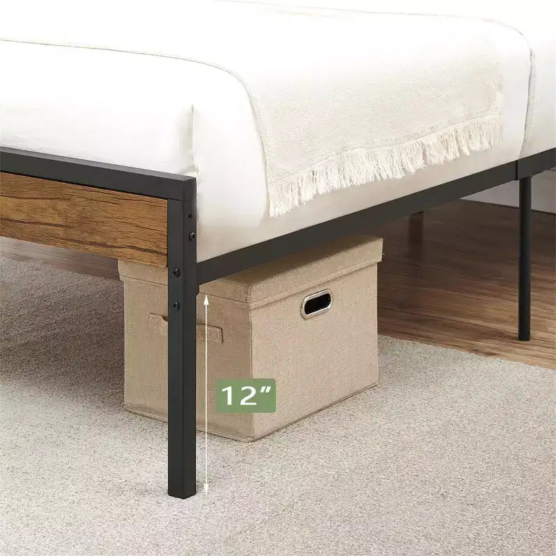 Cadre de lit plateforme de ferme rustique Tête de lit et pied de lit en bois, lattes en métal-bois, rangement sous le lit, pas besoin de sommier tapissier
