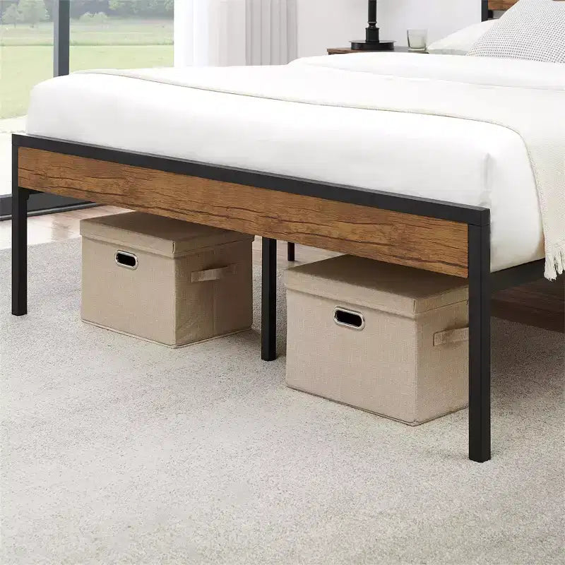 Cadre de lit plateforme de ferme rustique Tête de lit et pied de lit en bois, lattes en métal-bois, rangement sous le lit, pas besoin de sommier tapissier