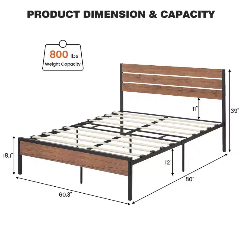 Cadre de lit plateforme de ferme rustique Tête de lit et pied de lit en bois, lattes en métal-bois, rangement sous le lit, pas besoin de sommier tapissier