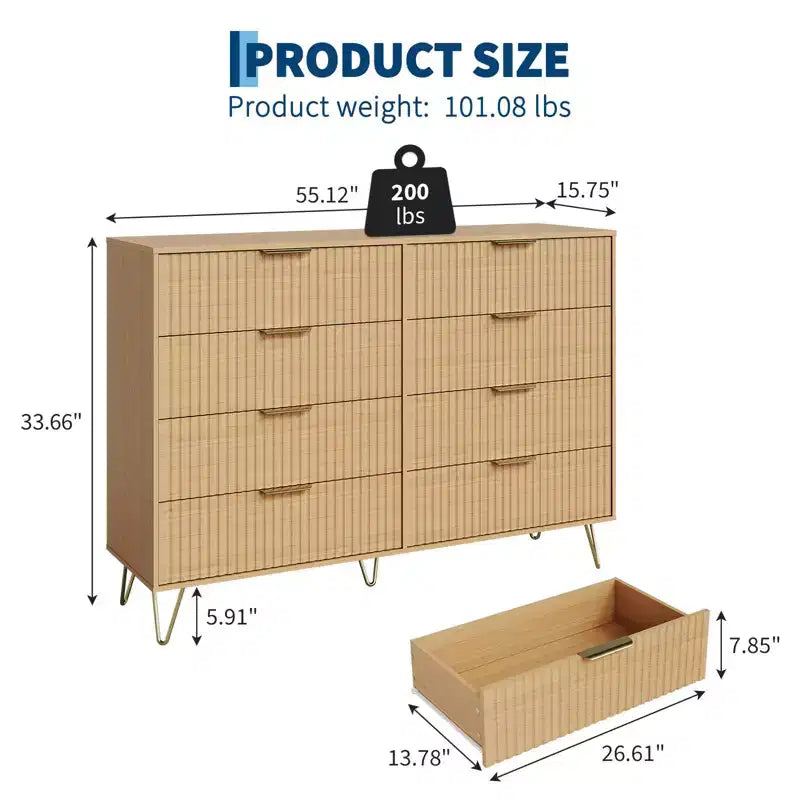 Commode cannelée COZONY avec 8 tiroirs, commode en bois moderne de 140 cm de large avec poignées métalliques, commode de chambre et meuble TV pour salon
