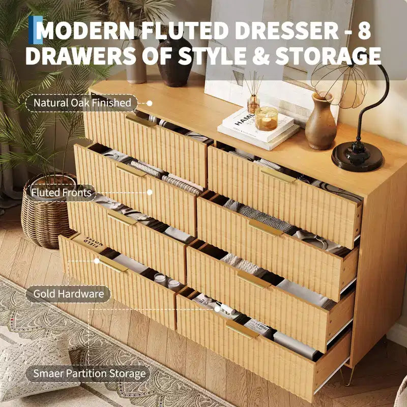 Commode cannelée COZONY avec 8 tiroirs, commode en bois moderne de 140 cm de large avec poignées métalliques, commode de chambre et meuble TV pour salon
