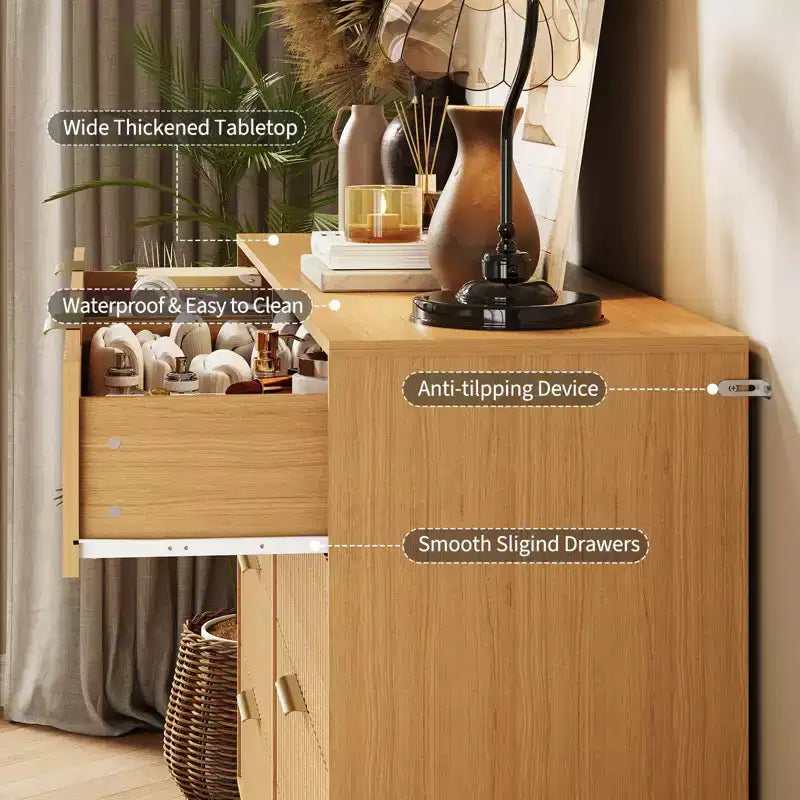 Commode cannelée COZONY avec 8 tiroirs, commode en bois moderne de 140 cm de large avec poignées métalliques, commode de chambre et meuble TV pour salon