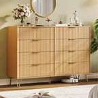 Commode cannelée COZONY avec 8 tiroirs, commode en bois moderne de 140 cm de large avec poignées métalliques, commode de chambre et meuble TV pour salon