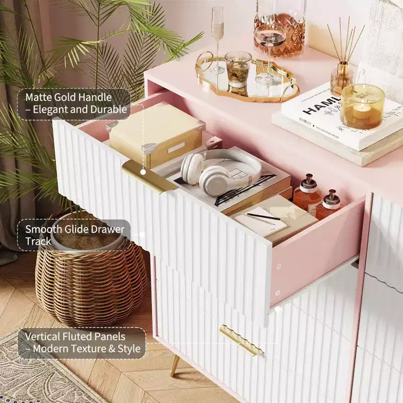 Commode cannelée COZONY avec 8 tiroirs, commode en bois moderne de 140 cm de large avec poignées métalliques, commode de chambre et meuble TV pour salon