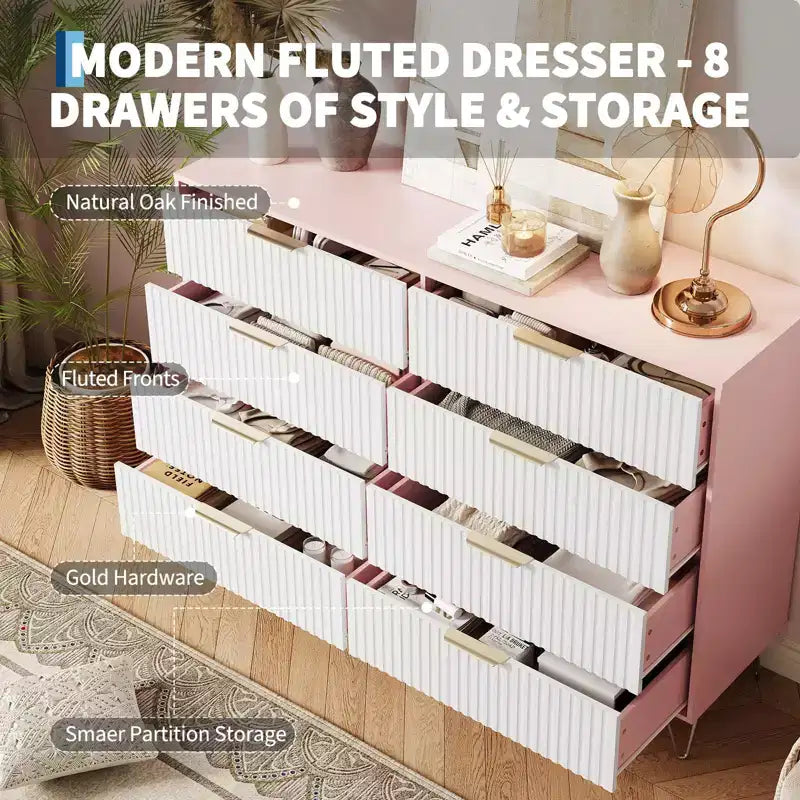 Commode cannelée COZONY avec 8 tiroirs, commode en bois moderne de 140 cm de large avec poignées métalliques, commode de chambre et meuble TV pour salon