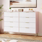 Commode cannelée COZONY avec 8 tiroirs, commode en bois moderne de 140 cm de large avec poignées métalliques, commode de chambre et meuble TV pour salon