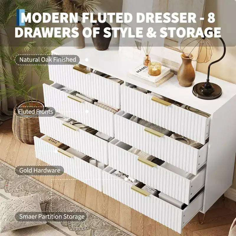 Commode cannelée COZONY avec 8 tiroirs, commode en bois moderne de 140 cm de large avec poignées métalliques, commode de chambre et meuble TV pour salon
