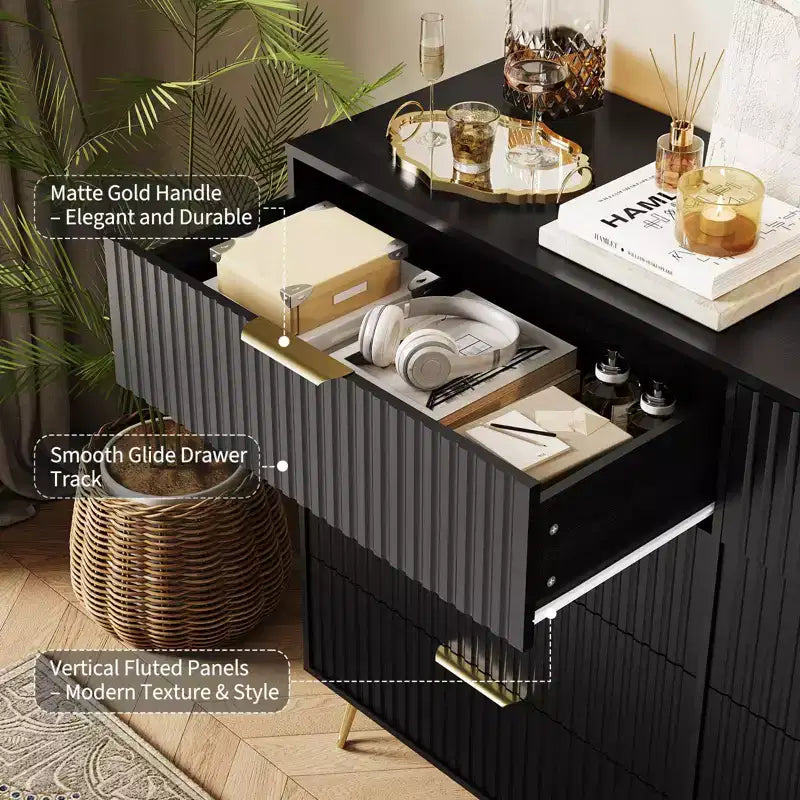 Commode cannelée COZONY avec 8 tiroirs, commode en bois moderne de 140 cm de large avec poignées métalliques, commode de chambre et meuble TV pour salon