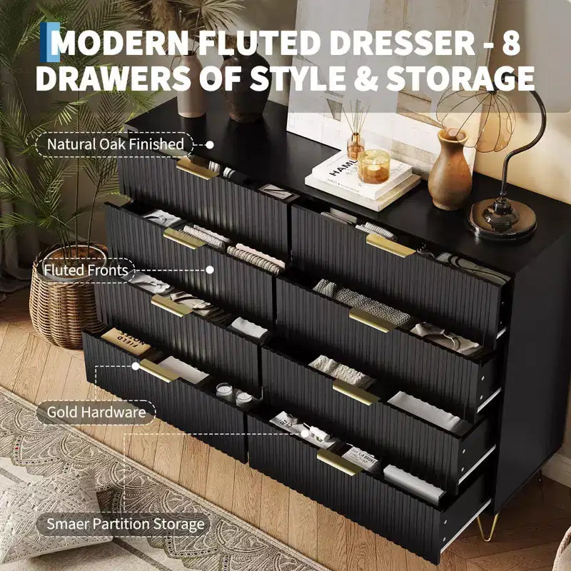 Commode cannelée COZONY avec 8 tiroirs, commode en bois moderne de 140 cm de large avec poignées métalliques, commode de chambre et meuble TV pour salon