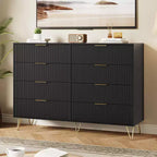 Commode cannelée COZONY avec 8 tiroirs, commode en bois moderne de 140 cm de large avec poignées métalliques, commode de chambre et meuble TV pour salon