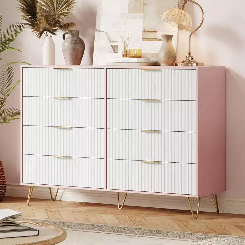 Commode cannelée COZONY avec 8 tiroirs, commode en bois moderne de 140 cm de large avec poignées métalliques, commode de chambre et meuble TV pour salon