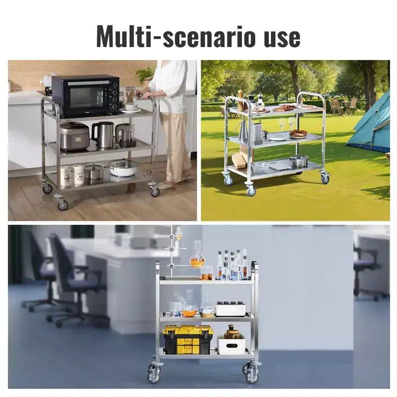 VIYET Chariot de service/médical en acier inoxydable à 3 niveaux de 45,7 cm de hauteur, roulettes universelles verrouillables, pour laboratoire/clinique/cuisine/salon