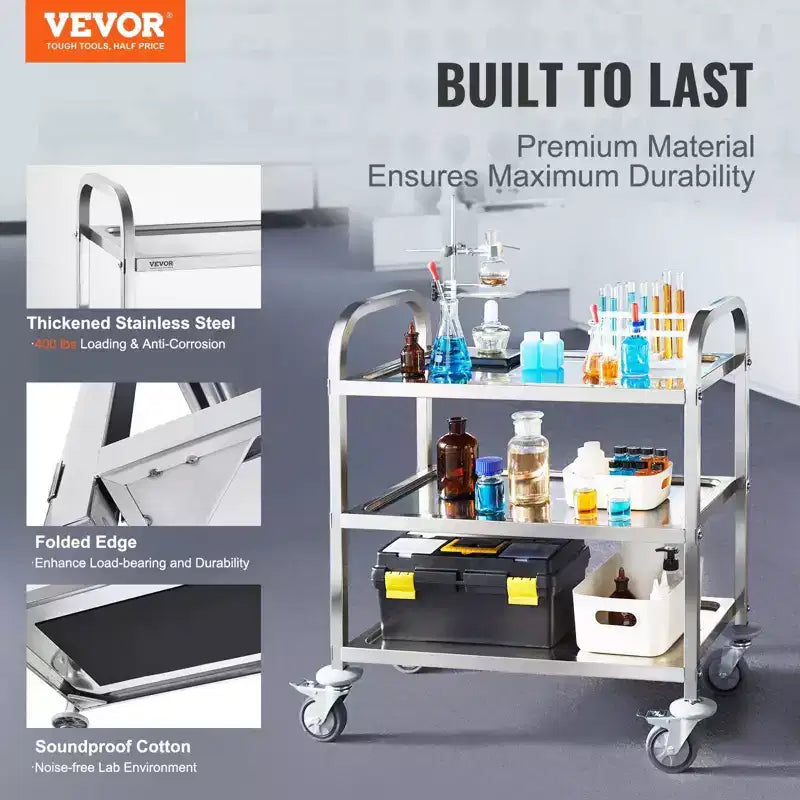 VIYET Chariot de service/médical en acier inoxydable à 3 niveaux de 45,7 cm de hauteur, roulettes universelles verrouillables, pour laboratoire/clinique/cuisine/salon