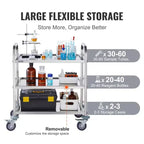 VIYET Chariot de service/médical en acier inoxydable à 3 niveaux de 45,7 cm de hauteur, roulettes universelles verrouillables, pour laboratoire/clinique/cuisine/salon