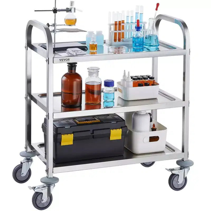 VIYET Chariot de service/médical en acier inoxydable à 3 niveaux de 45,7 cm de hauteur, roulettes universelles verrouillables, pour laboratoire/clinique/cuisine/salon