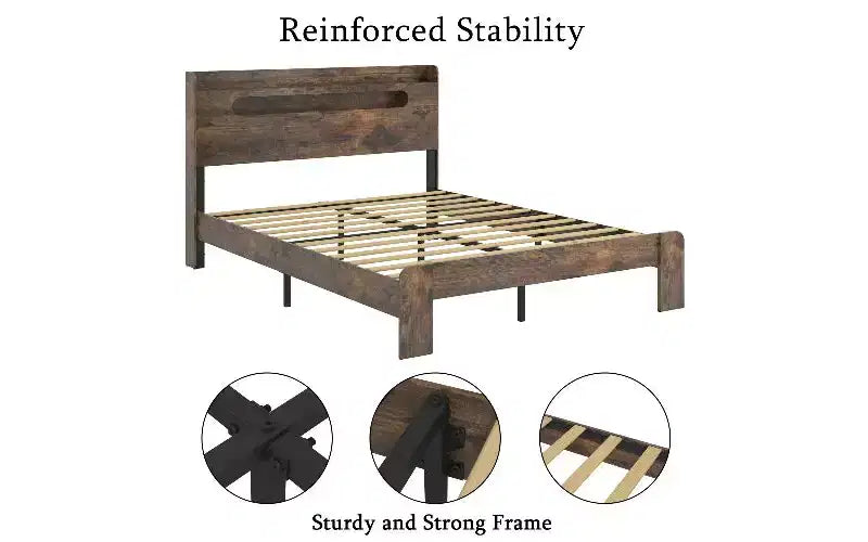 TUYOHW Cadre de lit double avec tête de lit de rangement et station de charge, lit plateforme en bois avec lumières LED et grand espace de rangement sous le lit, cadre de lit silencieux