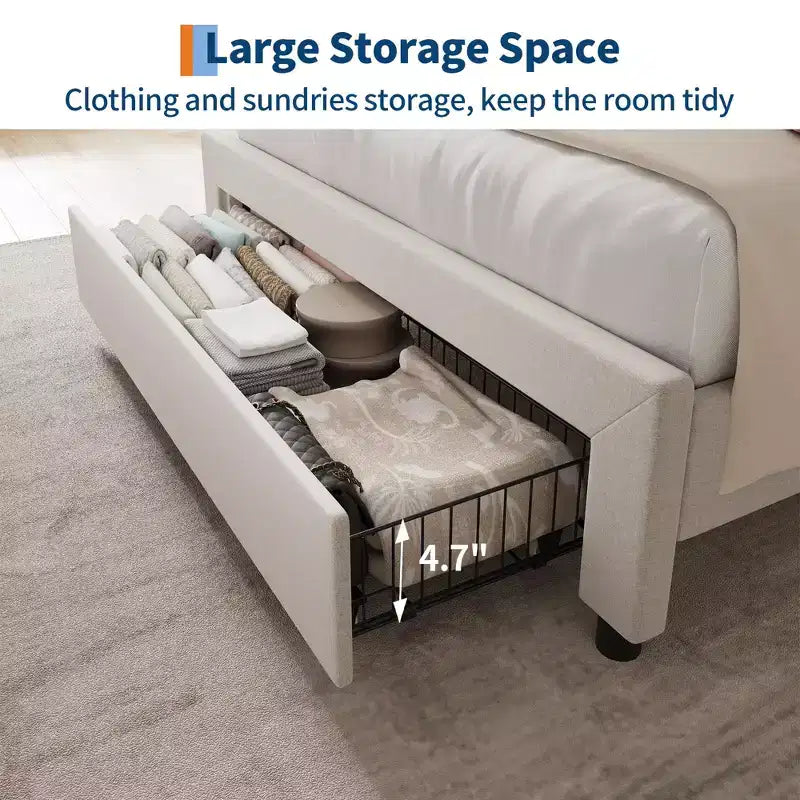 Cadre de lit avec tête de lit de rangement, cadre de lit double en bois avec station de recharge, cadre de lit plateforme en métal avec grands tiroirs, pas besoin de sommier tapissier