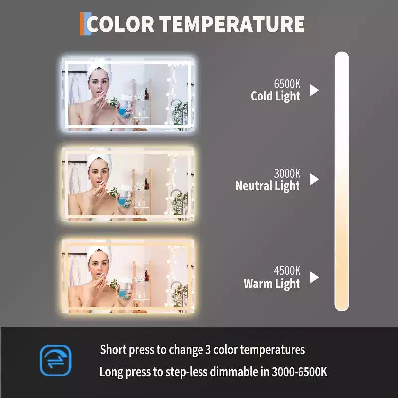 Miroir de salle de bain LED COZONY 50x28 pouces avec lumières, miroir de maquillage anti-buée dimmable