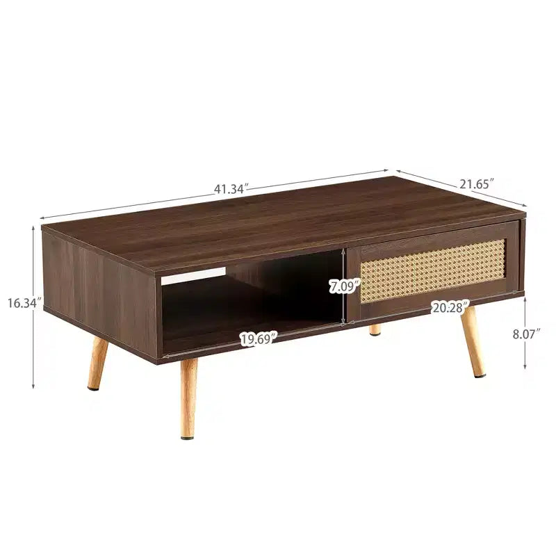 Table basse en rotin JVNOXK de 105 cm, porte coulissante pour le rangement, pieds en bois massif, table moderne pour salon, couleur noyer