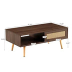 Table basse en rotin JVNOXK de 105 cm, porte coulissante pour le rangement, pieds en bois massif, table moderne pour salon, couleur noyer