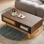 Table basse en rotin JVNOXK de 105 cm, porte coulissante pour le rangement, pieds en bois massif, table moderne pour salon, couleur noyer
