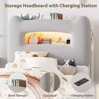 Cadre de lit double LED avec tête de lit de rangement à 2 niveaux, lit plateforme rembourré avec station de charge et tiroir, support métallique, aucun sommier tapissier requis