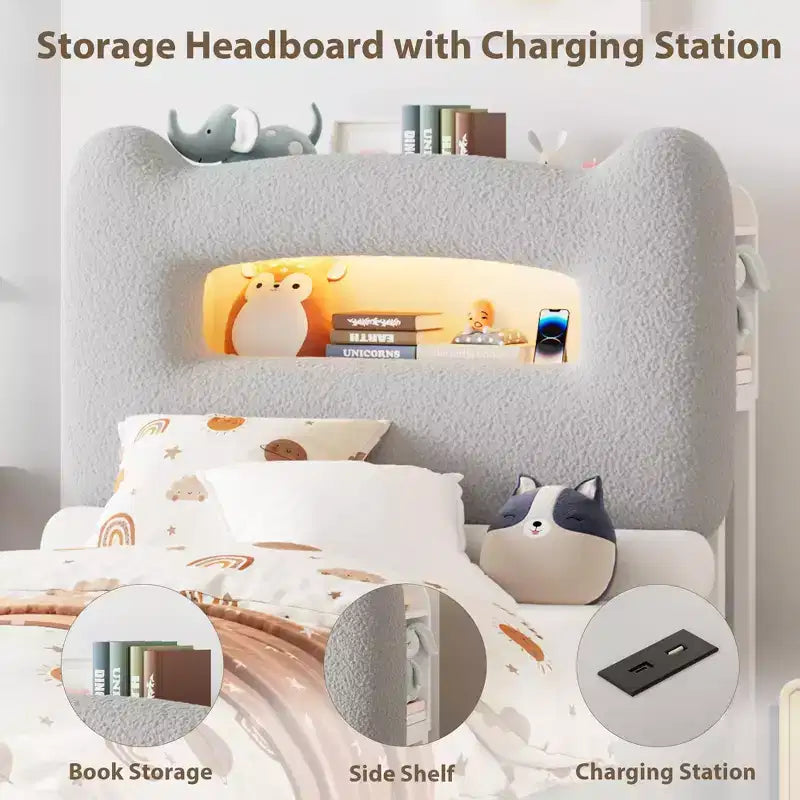 Cadre de lit double LED avec tête de lit de rangement à 2 niveaux, lit plateforme rembourré avec station de charge et tiroir, support métallique, aucun sommier tapissier requis