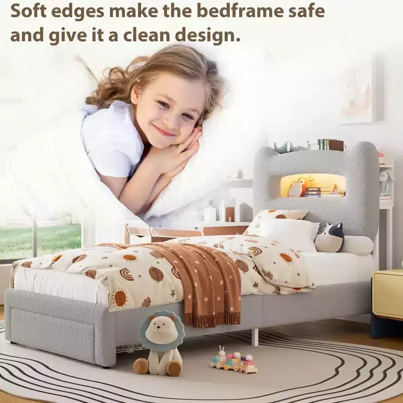 Cadre de lit double LED avec tête de lit de rangement à 2 niveaux, lit plateforme rembourré avec station de charge et tiroir, support métallique, aucun sommier tapissier requis