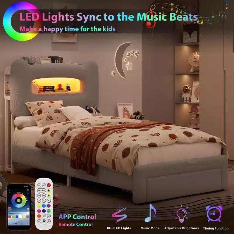 Cadre de lit double LED avec tête de lit de rangement à 2 niveaux, lit plateforme rembourré avec station de charge et tiroir, support métallique, aucun sommier tapissier requis