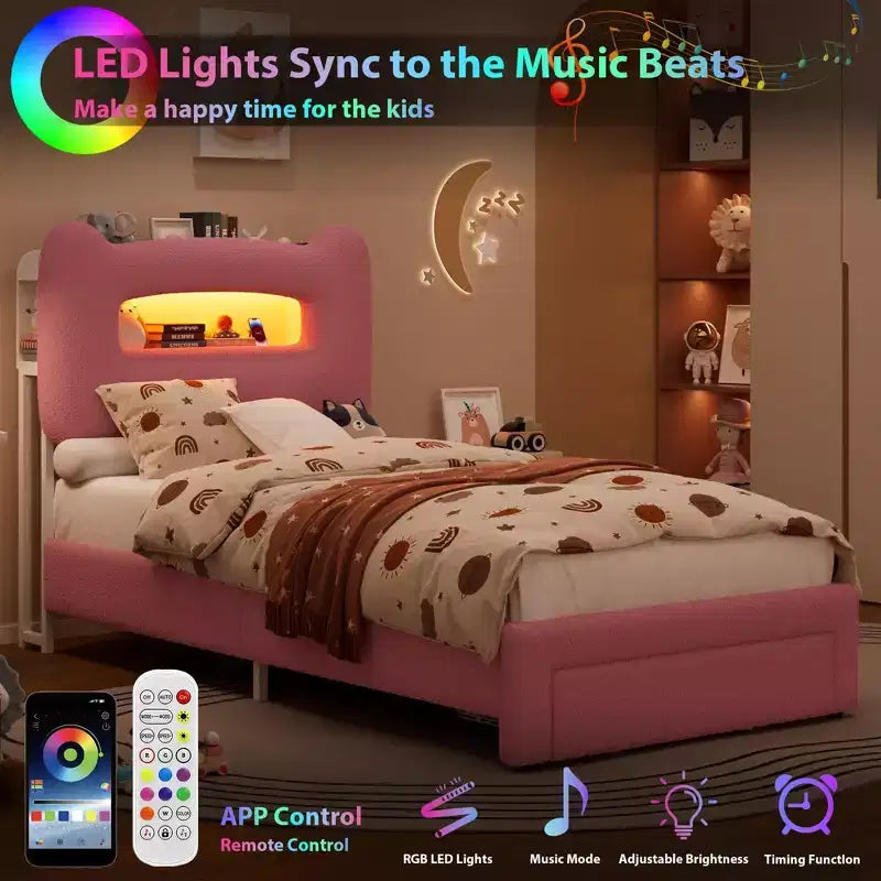 Cadre de lit double LED avec tête de lit de rangement à 2 niveaux, lit plateforme rembourré avec station de charge et tiroir, support métallique, aucun sommier tapissier requis