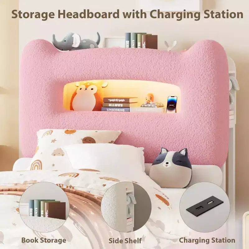 Cadre de lit double LED avec tête de lit de rangement à 2 niveaux, lit plateforme rembourré avec station de charge et tiroir, support métallique, aucun sommier tapissier requis